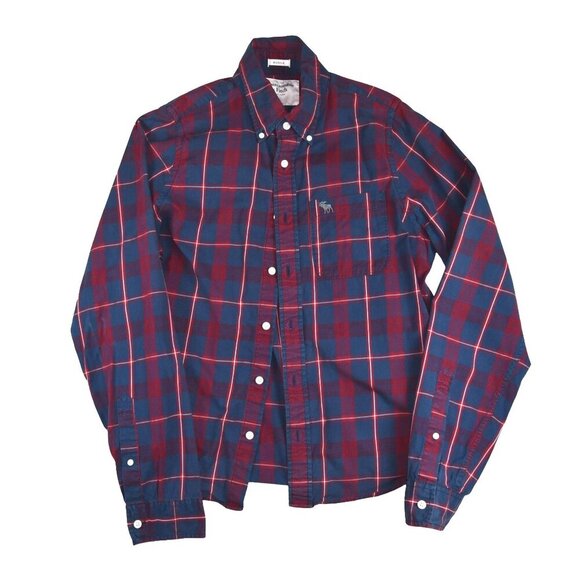 ABERCROMBIE & FITCH Men's Shirt Muscle Blue Plaid Moose Logo Cotton Large - Picture 1 of 9